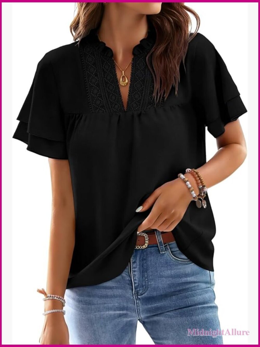Womens Lace V Neck Ruffle Short Sleeve Blouse Boho Beach Top